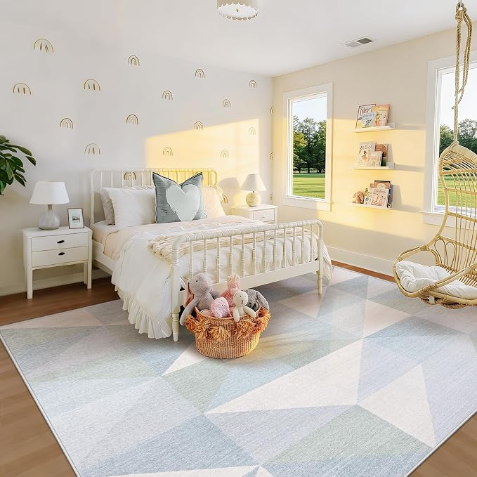 Washable Rug 9x12 Area Rugs: Modern Geometric Area Rug for Living Room Non-Slip Neutral Soft Carpet Low Pile Stain Resistant Indoor Rugs for Bedroom Nursery Dining Room Office (Light Blue, 9'X12')