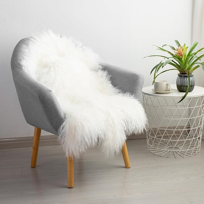 100% Genuine Sheepskin Area Rug Real Lightweight Fluffy Soft Mongolian Long Wool Fur Carpet for Couch Bed Sofa Bedroom Living Room White 2x3ft