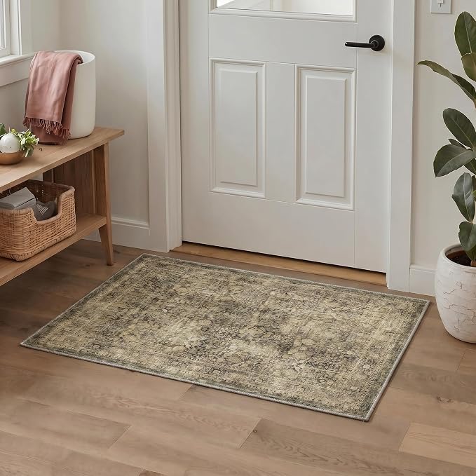 Bavni 2x10 Rug Runners for Hallways, Washable Runner Rug Non Slip,Vintage Floral Print Style Rugs for Bedroom-Lightweight Low Pile Carpet for Hallways Bathroom, Multi Brown