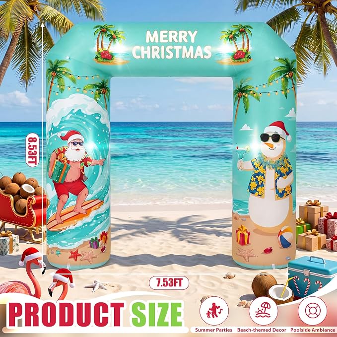 Jenaai Christmas in July Inflatable Arch, 8.53 x 7.53 ft Tropical Christmas Blow Up Arch with LED Lights, Hawaiian Luau Party Entrance for Outdoor Yard Beach Party Decorations