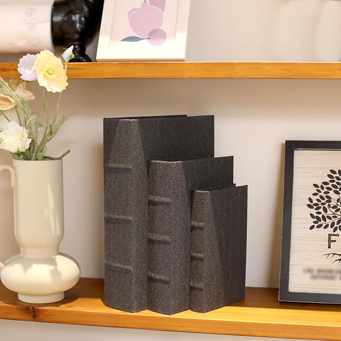 DECOR4SEASON Decorative Book Boxes Set of 3 – Modern Faux Linen & Wood Hidden Storage for Coffee Table – Stackable Fake Books for Shelf Decor, Remote Control & Jewelry Organizer (Black)