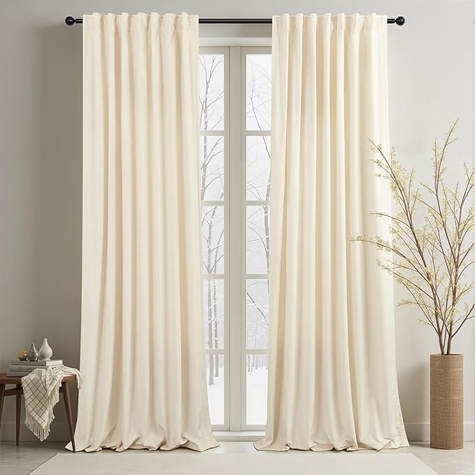 Cream Beige Velvet Curtains 108 Inches Long 2 Panels for Living Room Darkening Light Filtering Insulating Heavy Window Drape Smooth Classic Mid Century Modern Privacy Curtains for Kids Bedroom Nursery