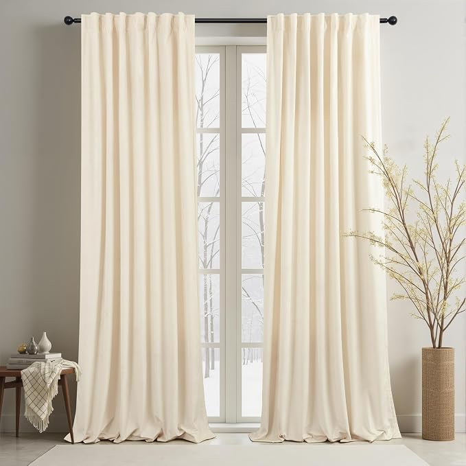 Cream Beige Velvet Curtain 84 Inch Length 2 Panel Back Tab Pocket Solid Soft Textured Luxury Drape Sound Reducing Light Filtering Thermal Insulated Living Room Darkening Curtain for Bedroom 52x84 Long