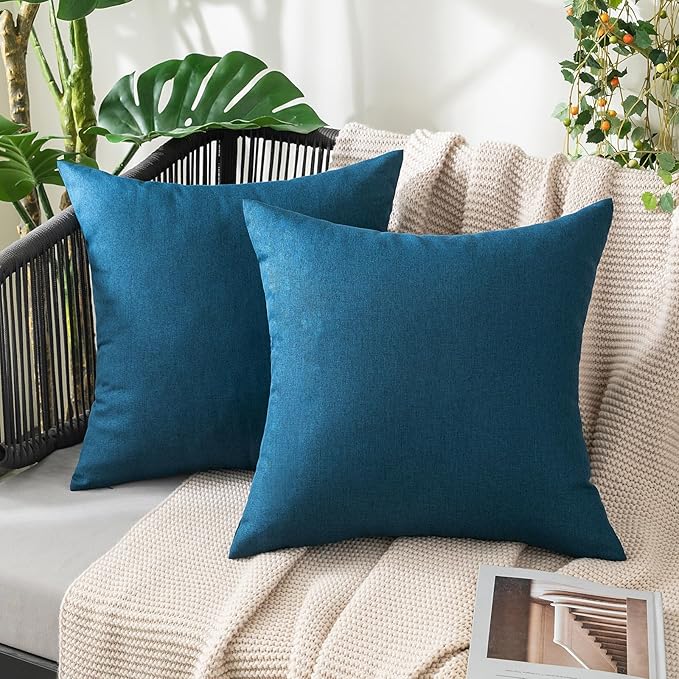 MIULEE Pack of 2 Decorative Outdoor Solid Waterproof Throw Pillow Covers Faux Linen Garden Farmhouse Coastal Cushion Cases for Summer Patio Tent Balcony Couch Sofa 12x12 Inch Blue