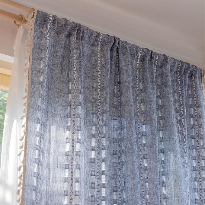 Deeprove Denim Blue Boho Curtain 63 inches Length for Living Room Bedroom Office, American Classic Bohemian Sheer 63 inches Long Stripe Embroidery Privacy Window Tassel Decor W52 x L63, 1 Panel
