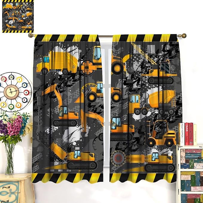 Cartoon Car Blackout Curtain,Boy Kids Construction Yellow Tractor Excavator Window Curtains Cloth Farbic Kitchen Bedroom Cafe Dining Room Office Living Room Drapes Decor, 42x45 in