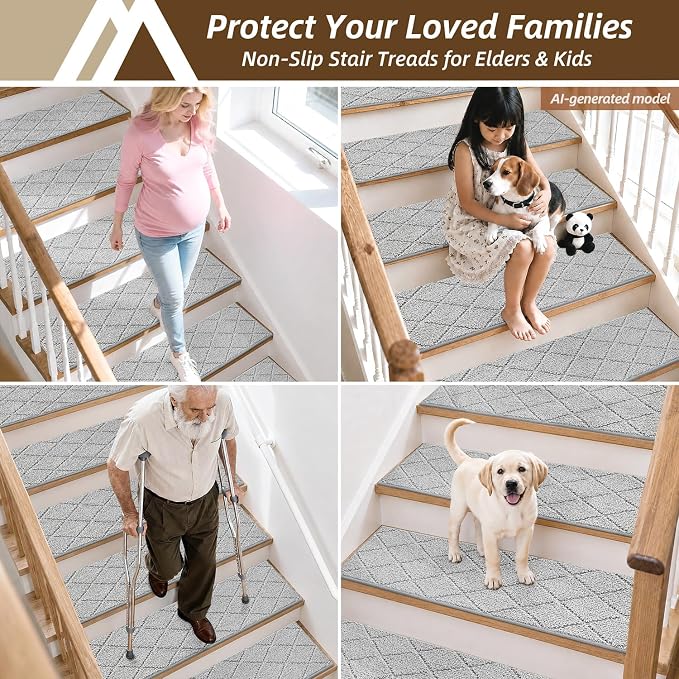 COSY HOMEER Stair Treads for Wooden Steps 11"x30" Washable Indoor Carpet Stair Treads Non Slip Soft Polyester Stair Carpet Tread Reusable Stair Runner Rugs for Kids, Elders,Pets,Grey,4pcs