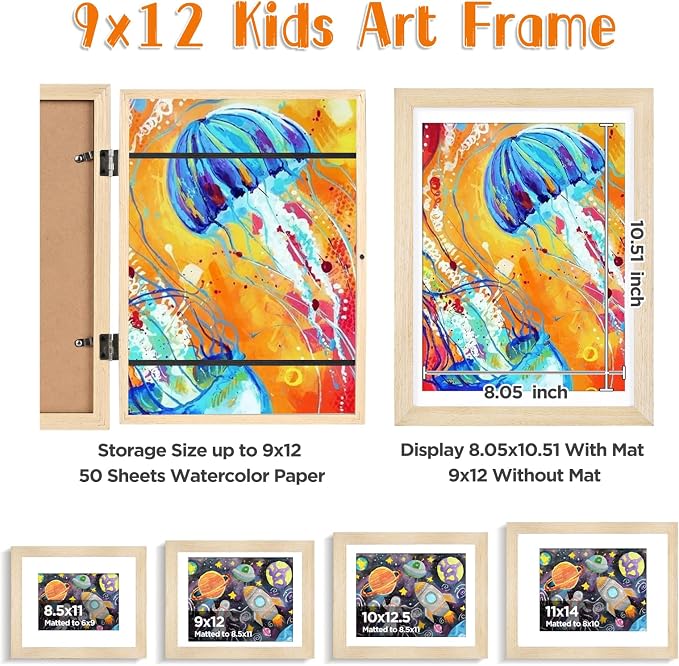KINLINK 9x12 Kids Art Frame 2 Pack, Solid Wood Artwork Frames Changeable, Front Opening Hold 150 Pictures, Art Frames for Kids Artwork, 8.5x11 with Mat 9x12 without Mat, Picture Frames Natural