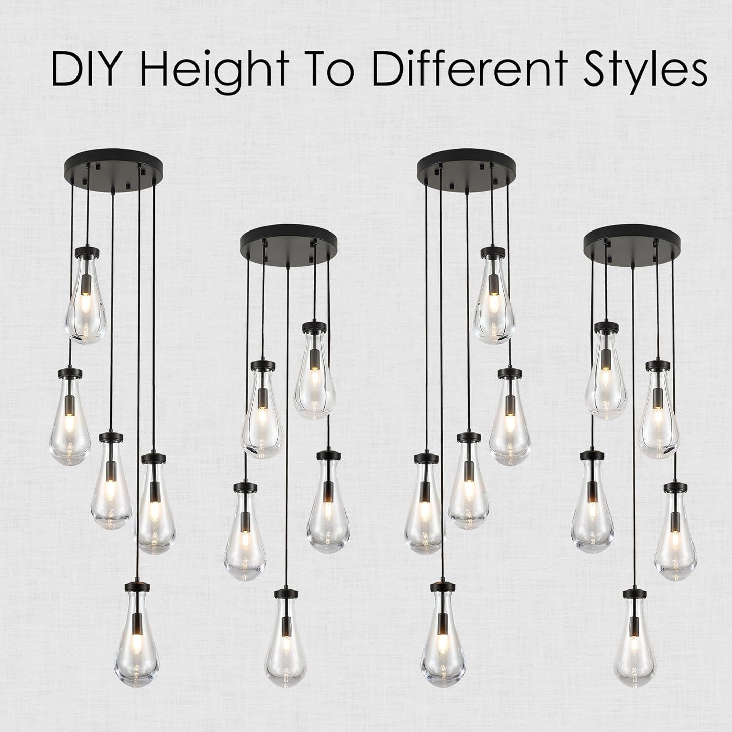 5-Light Raindrop Pendant Light Fixtures, Black Glass Pendant Lighting, Teardrops Modern Hanging Light for Entryway Foyer Kitchen Island Dining Living Room Hallway