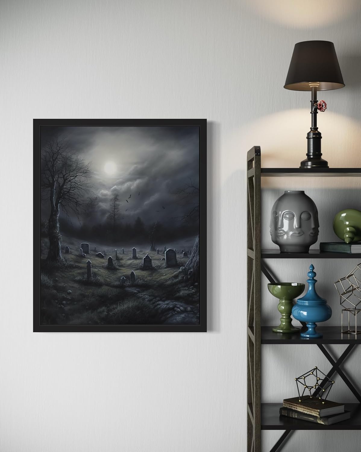 Gothic Graveyard Poster Art Print, Halloween Scary Vintage Wall Art Academia Spooky Painting Decoration for Horror Prints, Posters Bedroom Decor 89 (Gothic Graveyard, 11 x 14 inches, Black Frame)