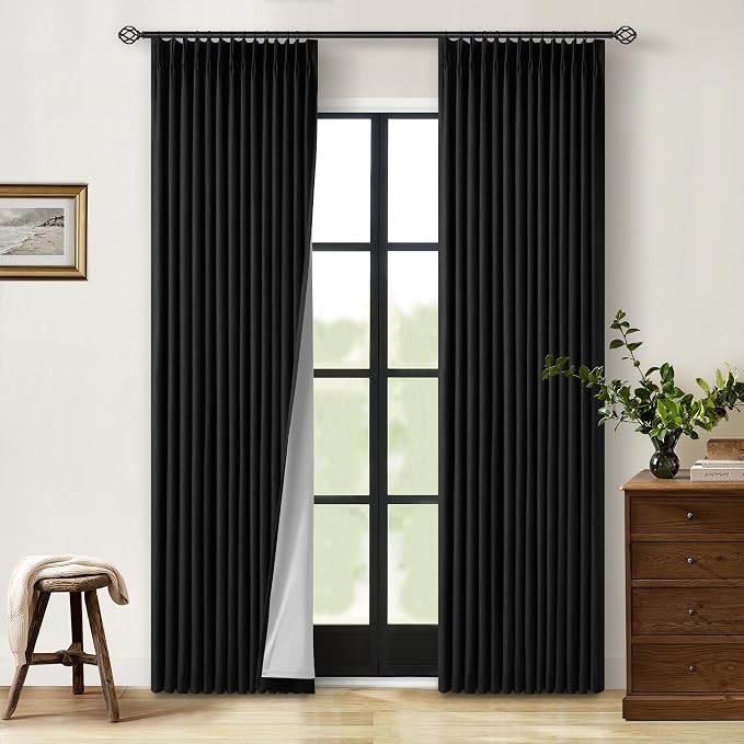 TWODRAPES Black Pinch Pleated Linen Blackout Curtains 2 Panels for Living Room Bedroom Thermal Insulated 100% Black Out Linen Drapes with Liner Room Darkening Window Curtains 40x84