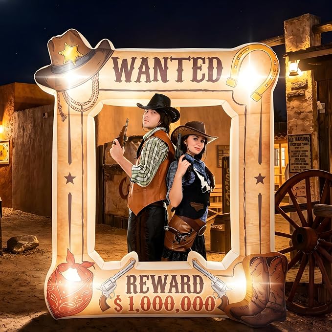 Soulchen 6 x 5 ft Western Wanted Inflatable Decoration with LED Lights and Built-in Blower Perfect for Cowboy Party Decor Western Themed Birthdays and Vintage Country Events