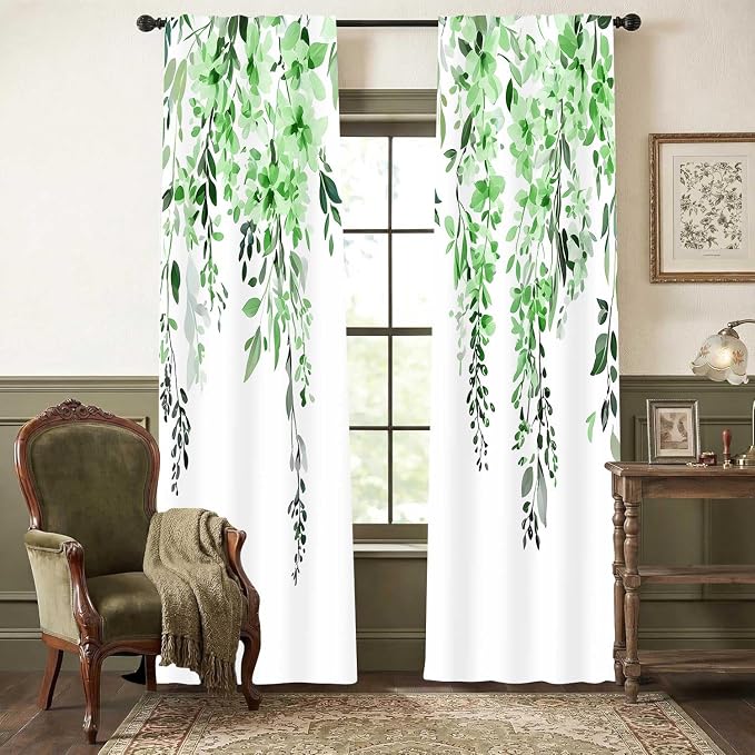 Green Watercolor Floral Curtains, Botanical Leaves Vine Flowers Curtain, Rustic Farmhouse Flower Leaf Blackout Window Treatment Drapes for Bedroom Living Room 52x72 inch, 2 Panels