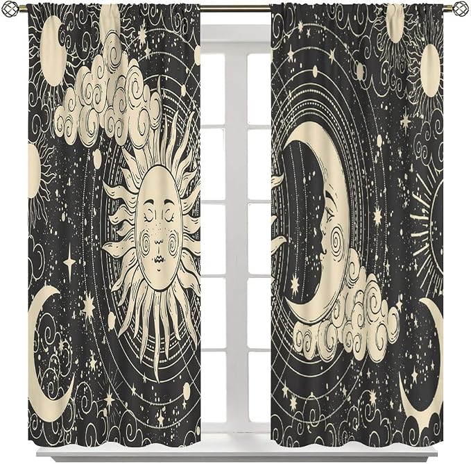 Bohemian Sun Moon Blackout Windows Curtains, Golden Sun Crescent Moon and Stars Vintage Cosmic Galaxy Printed Curtains, for Living Room Bedroom 72x63in 2 Panels