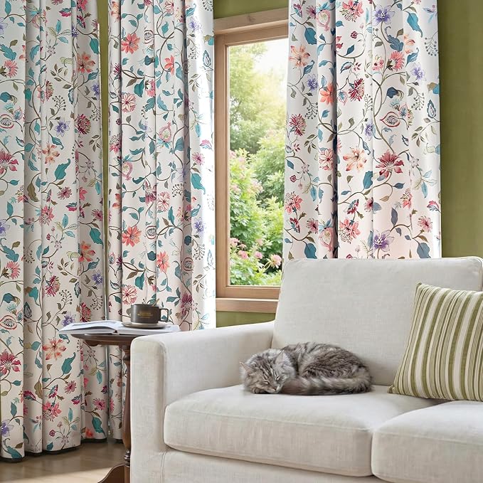 jinchan Hattie Beige Floral Blackout Curtains 63 Inch Length – Room Darkening Vintage Curtains Cream Botanical Drapes for Living Room & Bedroom, Elegant Farmhouse Window Panels, Set of 2 Panels