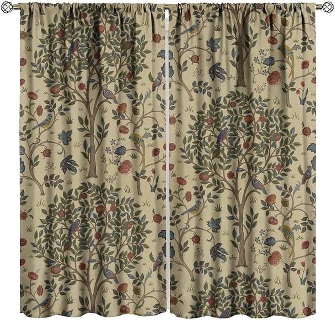 Vintage William Morris Forest Blackout Window Curtains, Rustic Boho Bird Plant Window Drapes, for Living Room Bedroom 21(W)*63(L) 2 Panels