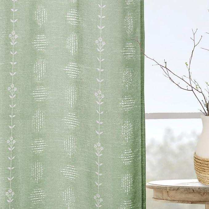 Sage Green Cottage Core Floral Curtains, Light Green Sheer Linen Boho Pattern Curtains for Bedroom Living Room 84 Inches Long 2 Panels Set