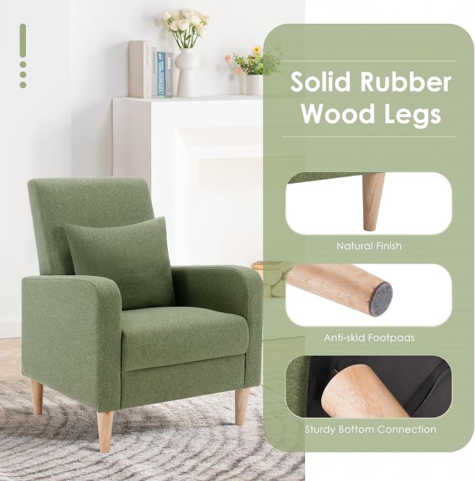 COLAMY Mid-Century Modern Accent Chair, Fabric Upholstered Living Room Chair with Back Pillow & Solid Wood Legs, Comfy Armchair for Living Room, Bedroom, Single Sofa, Green