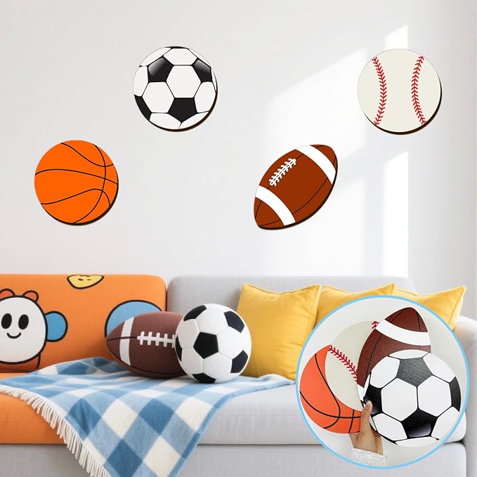 Sport Ball Wall Decor Wood Sports Room Decorations Ball Room Decor Sport Wall Art Plaque Wooden Soccer Baseball Basketball Rugby Football Decor For Boys Room Kids Bedroom Teens Playroom Nursery