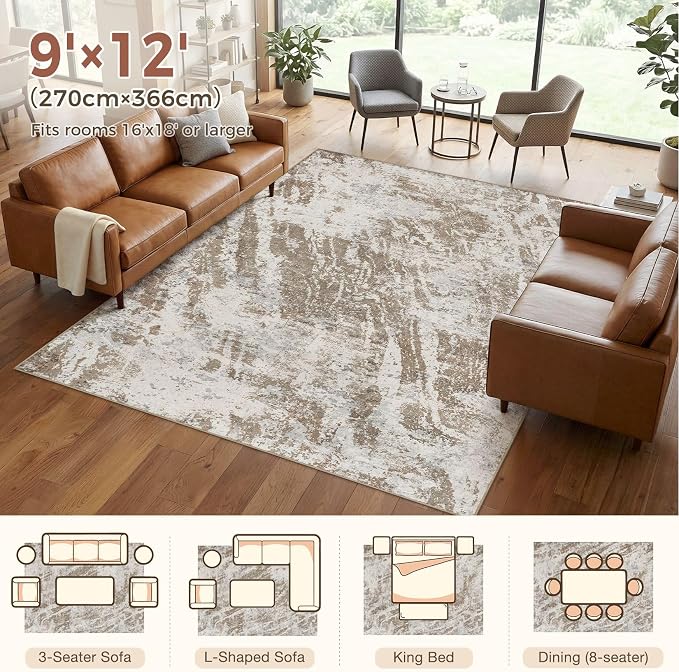 DMOYEST 9x12 Washable Area Rug: Abstract Modern Non-Slip Carpet, Soft Low Pile Indoor Neutral Easy Clean Floor Rugs for Living Room Bedroom Dining Room Kids & Pets - Brown