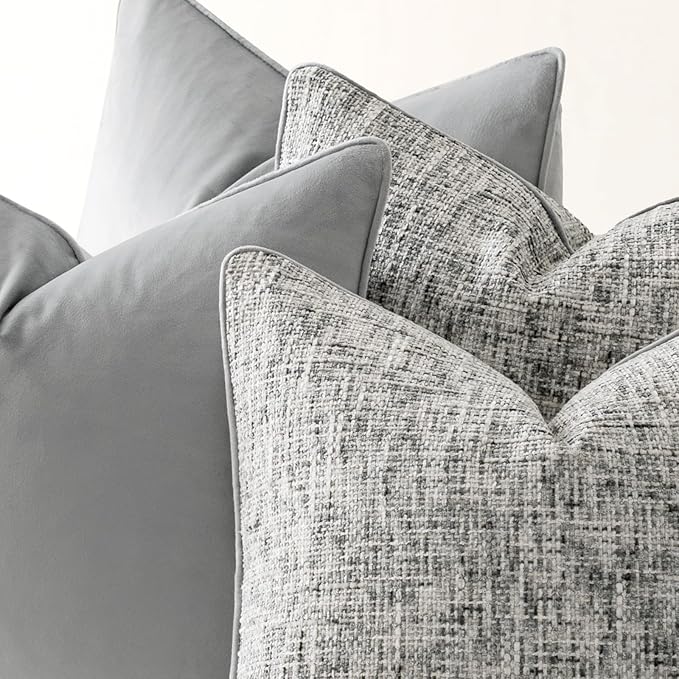 a moment Grey 4 Pack Throw Pillow Covers - Chenille & Velvet Set with Piping, Farmhouse Textured Design Pillow Cases for Couch Sofa Bed Livingroom (18x18 Inch, No Insert)
