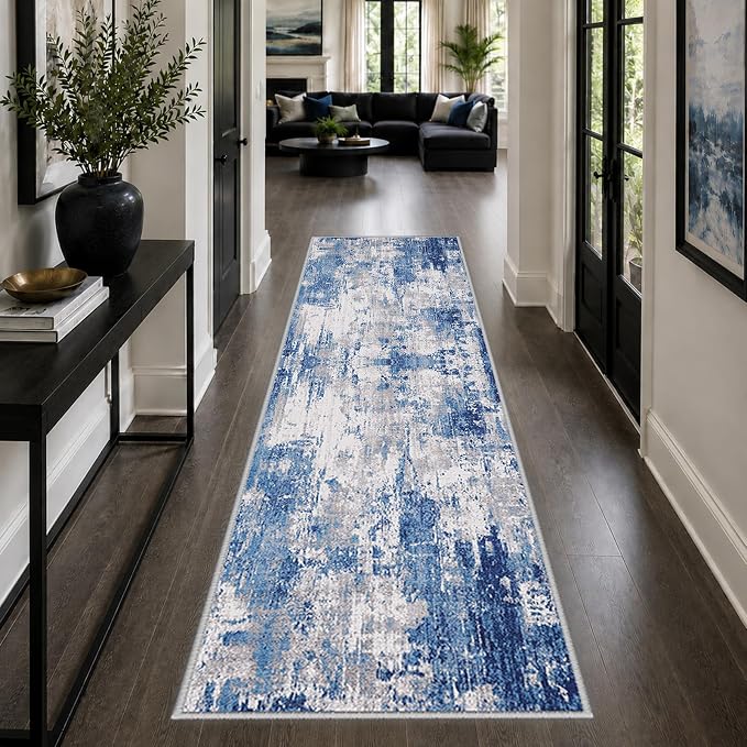 RELEANY Washable Area Rugs 2'x10' Non-Slip Modern Abstract Soft for Living Room Entryway Bedroom Kitchen, Print Pattern, Blue Grey Navy Gray