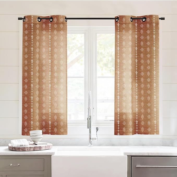 Lino Rosa Short Boho Curtains for Windows, 45 Inch Semi Sheer Terracotta Burnt Orange Pattern Vintage Drapes for Kitchen Window & Bedroom