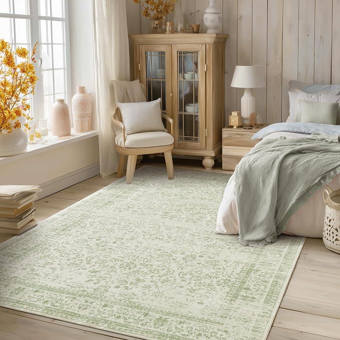 Sage Green Rug 5x7 Baby Girl Nursery Decor Neutral Boho Floral Pattern Distressed Design Washable Soft Cottagecore Area Rugs for Living Room Bedroom Light Green Low Pile No Slip Carpet 5 x 7