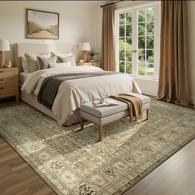 Lofus 9x12 Large Brown Area Rug for Living Room & Bedroom Washable Non-Slip | Soft Boho Vintage Area Rugs for Bedroom Dinning Room Home Office Indoor
