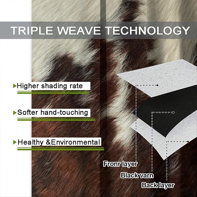 Cow Print Blackout Curtain,Animal Fur Skin Brown White Cowhide Western Rustic Farmhouse Window Treatments Rod Pocket Curtain for Bedroom Living Room Kitchen Decor Drapes 72x63in