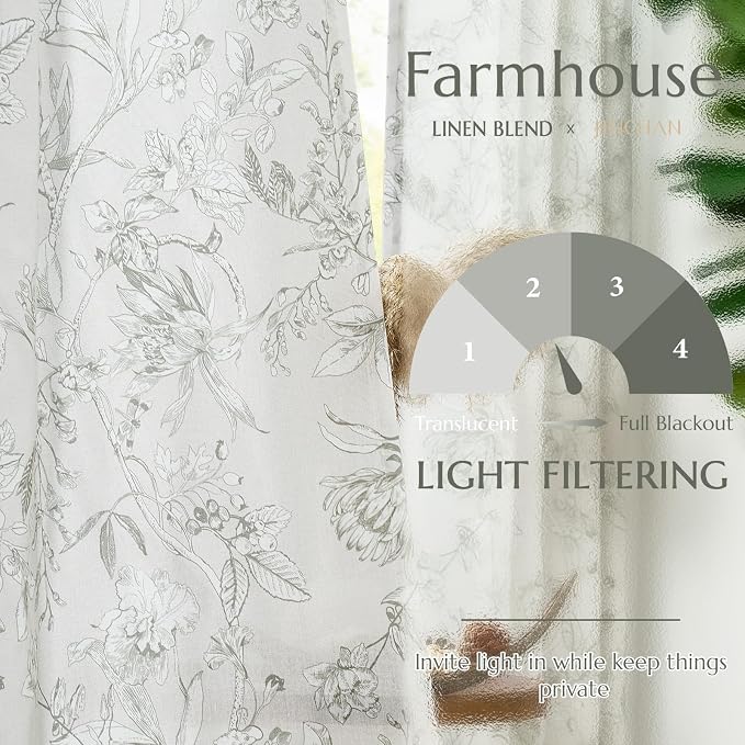 jinchan Floral Curtains 90 Inch Length Charcoal Grey Flower Linen Farmhouse Curtain for Living Room French Country Vintage Curtain Rod Pocket Curtains Set 2 Panels Gray Floral Printed