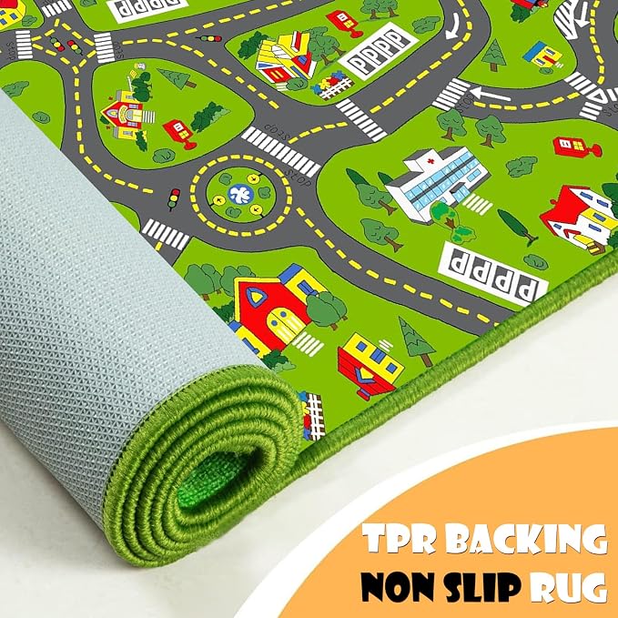 Non-Slip Town City Road Map Playmat for Boys, Perfect for Playroom and Bedroom, Car Track Mat - 9'2" x 6'7" (Rectangular)
