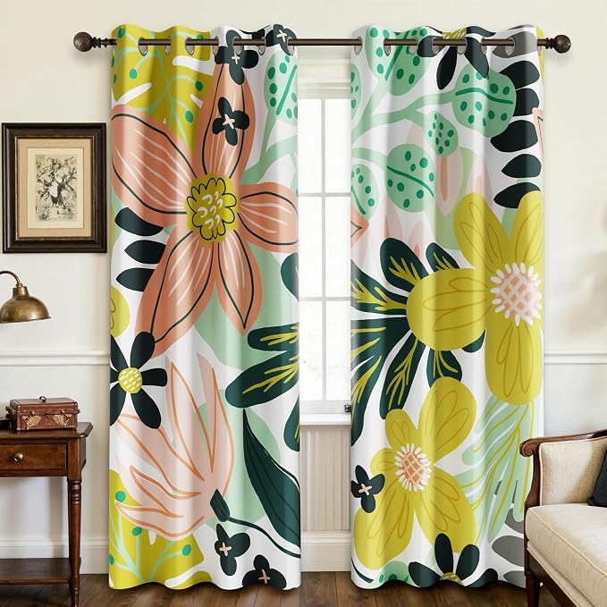 Tyrot Boho Floral 100% Blackout Curtains fo Bedroom 63 inch Long 2 Panels Mid Century Botanical Black Out Curtains for Living Room Grommet Thermal Insulated Room Darkening Window Drapes