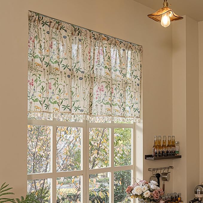 Deeprove Boho Valance Curtain 18 Inch with Handmade Tassel, Herbs Print Textured Kitchen Window Small Short Tier for Living Room Bedroom Farmhouse Cottage Shabby Style Privacy 1 Panel 52W x 18L