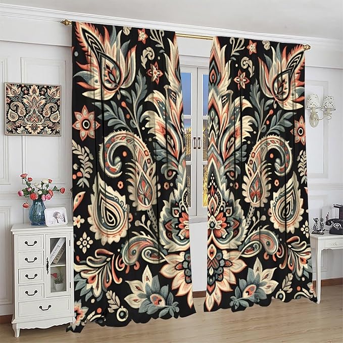 Vintage Floral Blackout Curtains, Bohemian-Style Natural Botanical Paisley Pattern Window Treatments for Bedrooms, Living Rooms, and Offices84X84 Inch