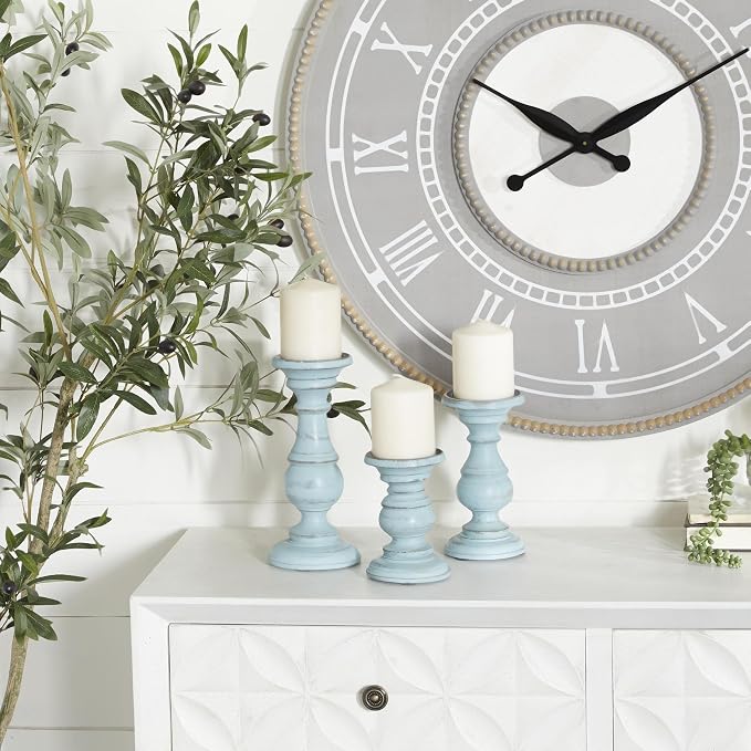 Deco 79 Mango Wood Decorative Candle Holder Distressed Turned Pillar Candle Stand, Set of 3 Candlestick Holder 6", 8", 10"H, Light Blue