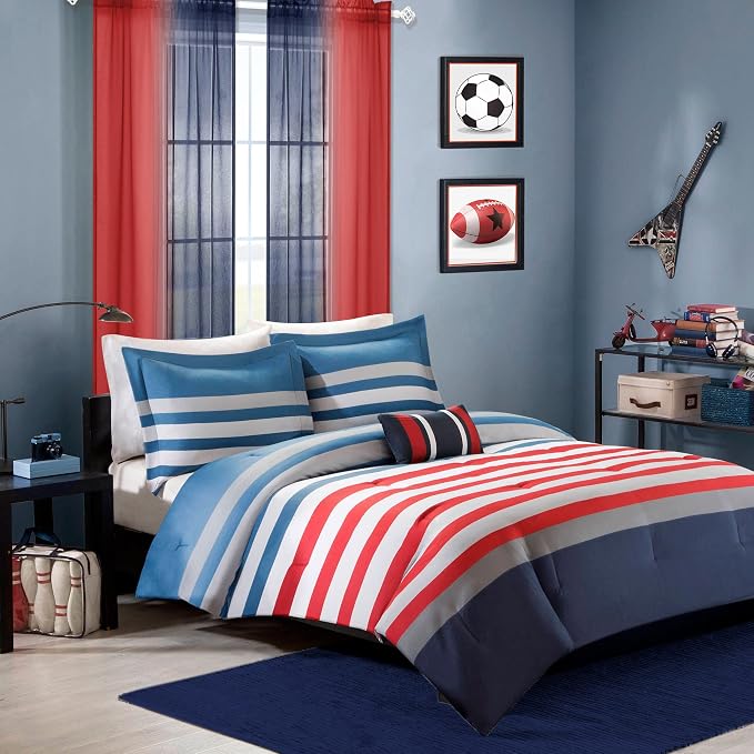 KOUFALL Blue and Red Curtains for Boys Bedroom,Sports Gamer Curtains for Gaming Room