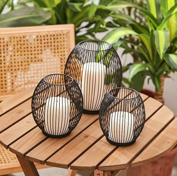 OLEEK Small Outdoor Candle Holders for Patio - Pillar Candle Holder - Black Wire Candle Holder for Table Centerpiece - Iron Lantern Decorative Candles - Farmhouse Decor Fireplace Metal Candle Holders