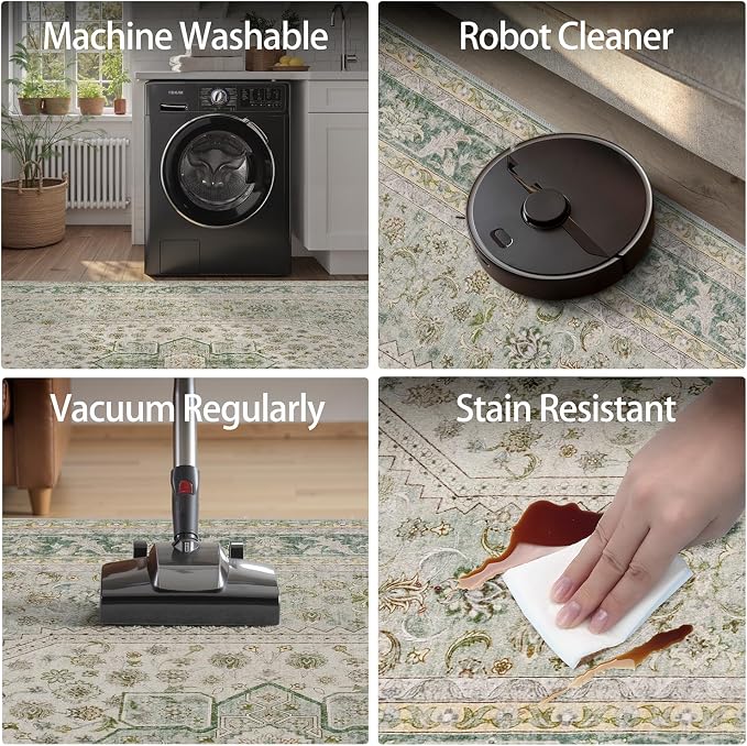 DCX Green 5x7 Area Rug, Machine Washable Non Slip Stain Resistant Vintage Rug for Living Room, Bedroom, Playroom, Soft Low Pile Large Nursery Carpet