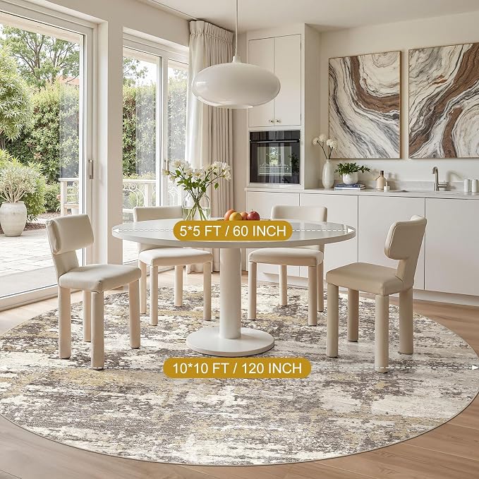 Area Rugs for Living Room: 10x10 Abstract Washable Rug Modern Neutral Large Soft Stain Resistant Non-Slip Backing Machine Table for Bedroom Dining Room Indoor Home Office Carpet - Gold Brown