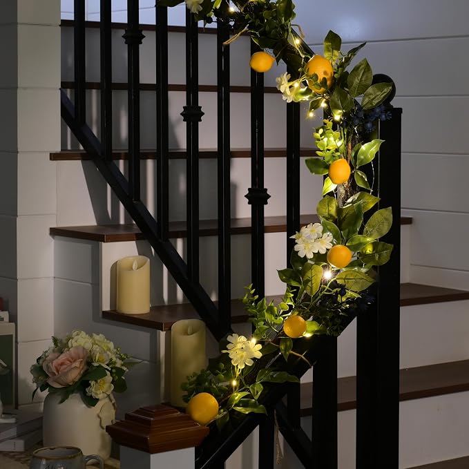 Valery Madelyn 6ft Artificial Lemon Garland for Mantel Summer Decor(Thick) | Faux Lemons Eucalyptus & Blueberry Summer Garland with Lights for Stairs Table Fireplace Farmhouse Kitchen Home Decor