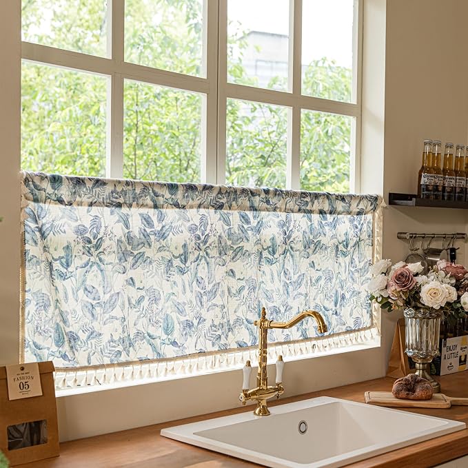 Deeprove Blue Boho Valance Curtain 52W x 18L with Tassels Over Sink, Chic Botanic Leaf Kitchen Window Sheer Linen Look Short for Bohamian Cafe Closet Cabinet Farmhouse Country Style Privacy 1 Panel