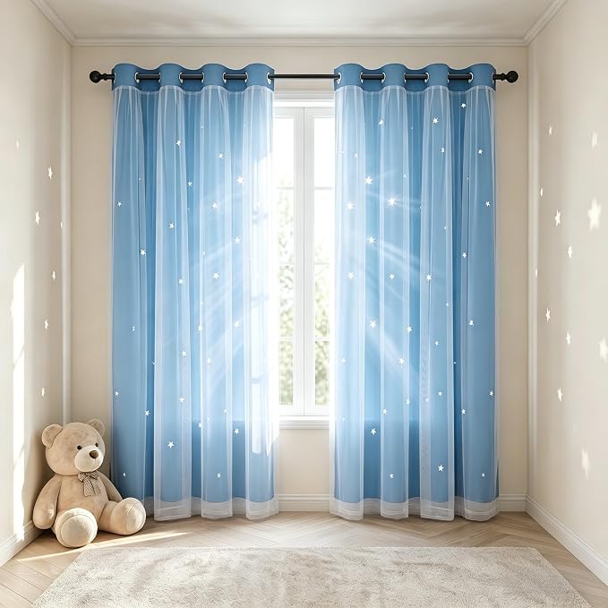 Star Cutout Blackout 95 Inches Curtains Double Layer with Sheer Overly Curtains for Bedroom Thermal Insulated Window Treatment Set (52W x 95L 2 Panels Sky Blue)