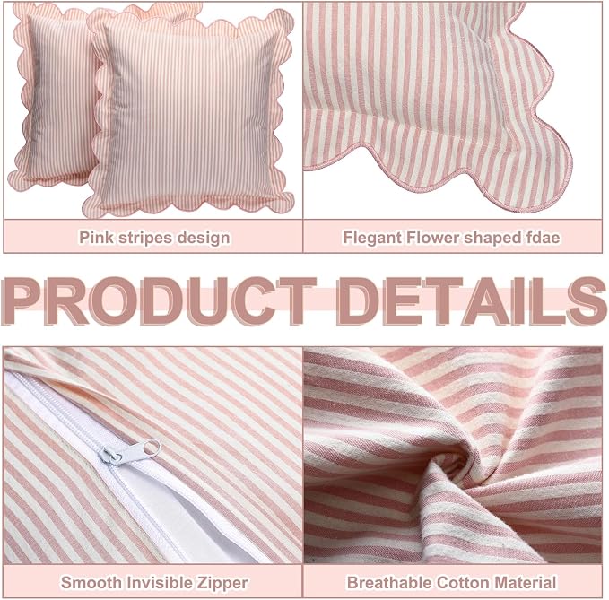Newwiee 2 Pack Scalloped Pillow Cover 20 x 20 Inch Pink Stripe Throw Pillow Cover Cotton Decorative Pillowcase for Women Men Couch Living Room Cushion Indoor Outdoor Decoration
