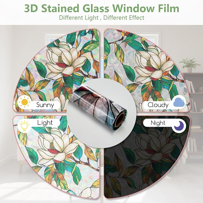 Kromapolis Window Privacy Film, Stained Glass Sticker Floral Window Clings, Decorative Static Clings UV Blocking Colorful Decals, Removable Vinyl Covering White Magnolia Flowers, 17.5'' x 157.4''