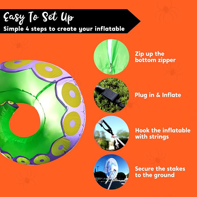 Joiedomi 3 Pcs Halloween Inflatables Green Octopus Tentacle Outdoor Decorations, Octopus Tentacle with Build-in LEDs Halloween Window Decoration with Light Blow Up for Yard Party Decors Outside