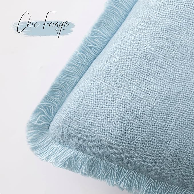 Foindtower Set of 2 Decorative Linen Fringe Throw Pillow Covers Cozy Boho Farmhouse Cushion Cover with Tassels Soft Accent Pillowcase for Couch Sofa Bed Living Room Home Decor,22×22 Inch,Light Blue