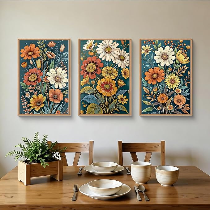 HOURIA Spring Boho Vintage Floral Framed Canvas Wall Art Set,Nordic Retro Colorful Wildflower & Green Leaves Wall Decor,Abstract Vibrant Bouquet Botanical Artwork for Living Room, Bedroom,Farmhouse-24"x36"x3