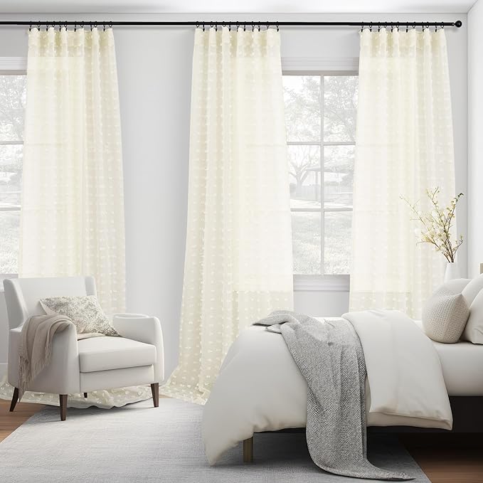 Sheer Cream Curtains for Girls Bedroom 90 Inches Long Pom Pom Tufted Design Butterfly Cute Boho Shabby Chic Farmhouse Curtains for Kids Living Room 90 Inch Length 2 Panels Back Tab Rod Pocket 52x90