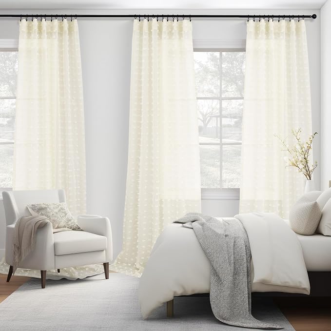 DANCURTON Sheer Curtains 102 Inches Long Cream Ivory Pom Pom Sheers Living Room Bedroom Curtain Transparent Voile Window Treatments Drapes Lovely Boho Shabby Chic Decor 2 Panels Sets Back Tab 52x102